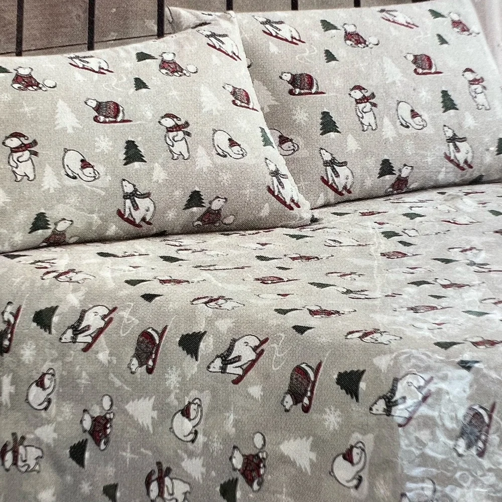 TRULY SOFT Winter Polar Bear Ski Flannel Christmas King Sheet Set NWT NEW